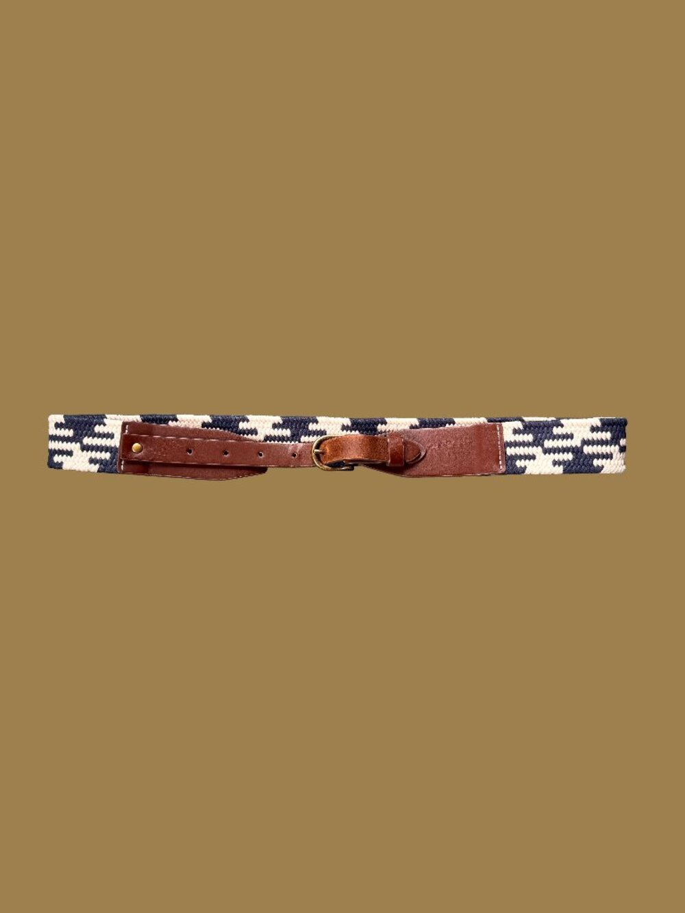 J.Crew Navy Cream Woven Stretch Belt Leather Tab Brass Buckle